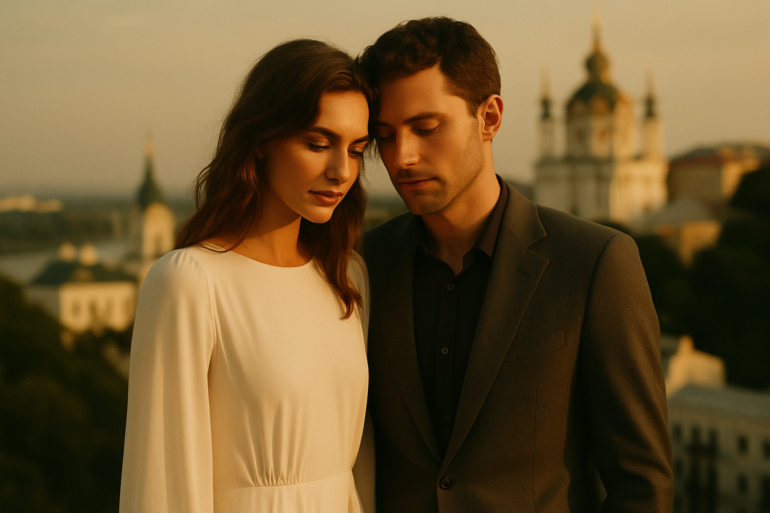 Elegant couple in warm cinematic light captured in an editorial style