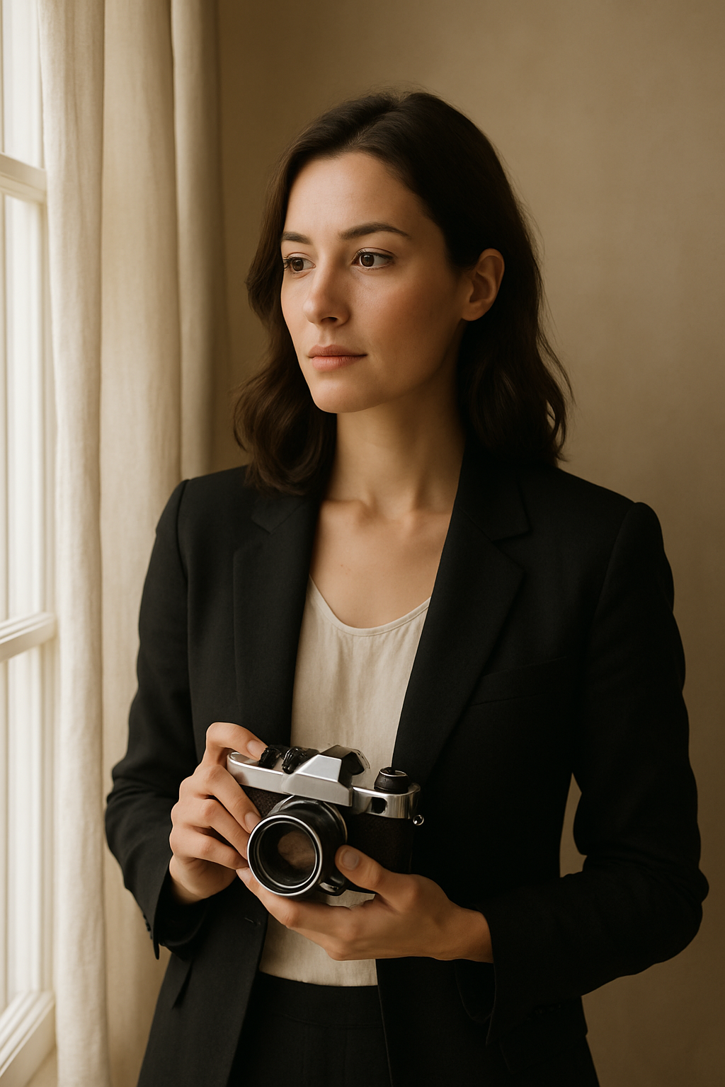 Iryna Kovalenko holding an analog camera in soft natural light