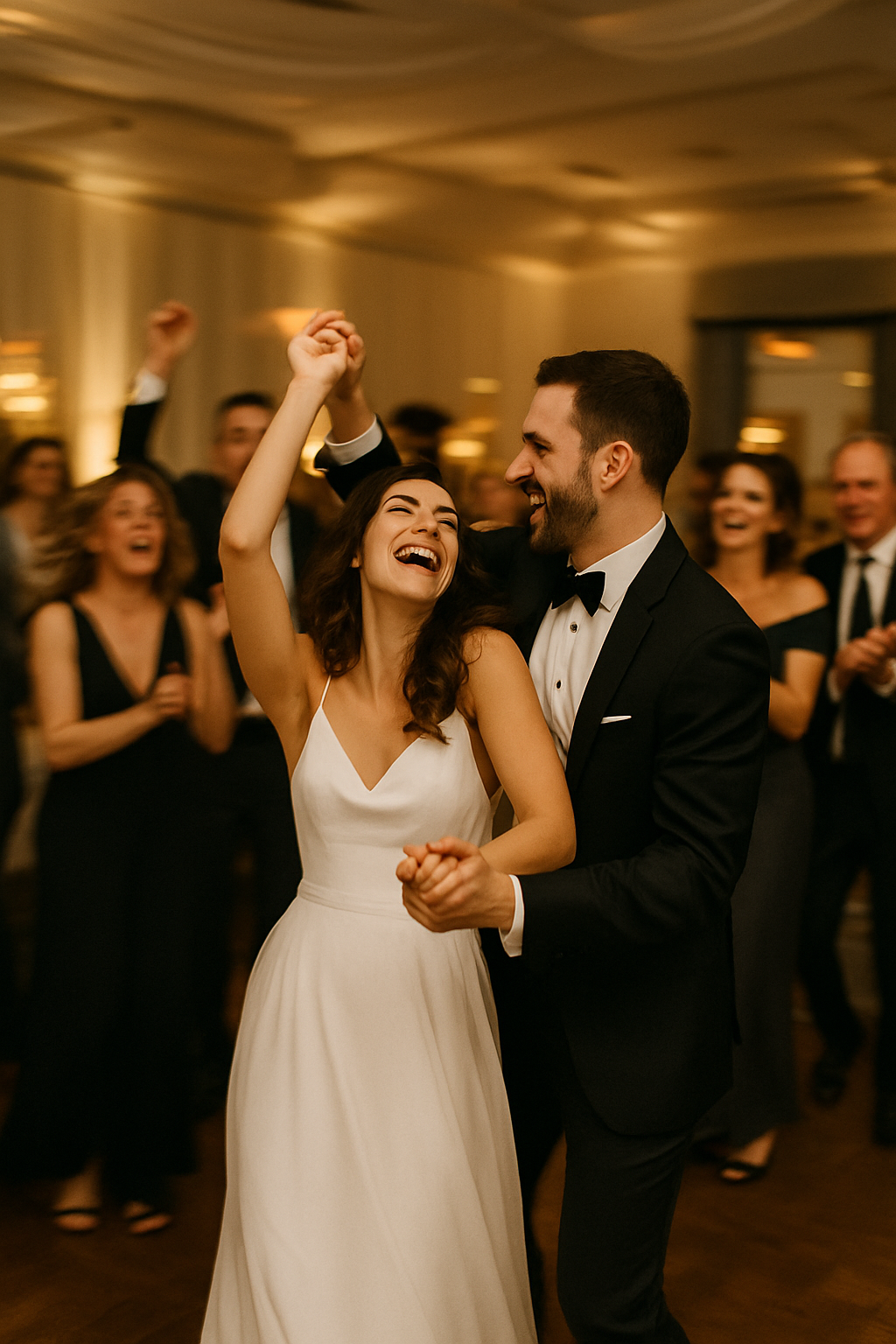 Wedding reception dance floor moment with joyful movement