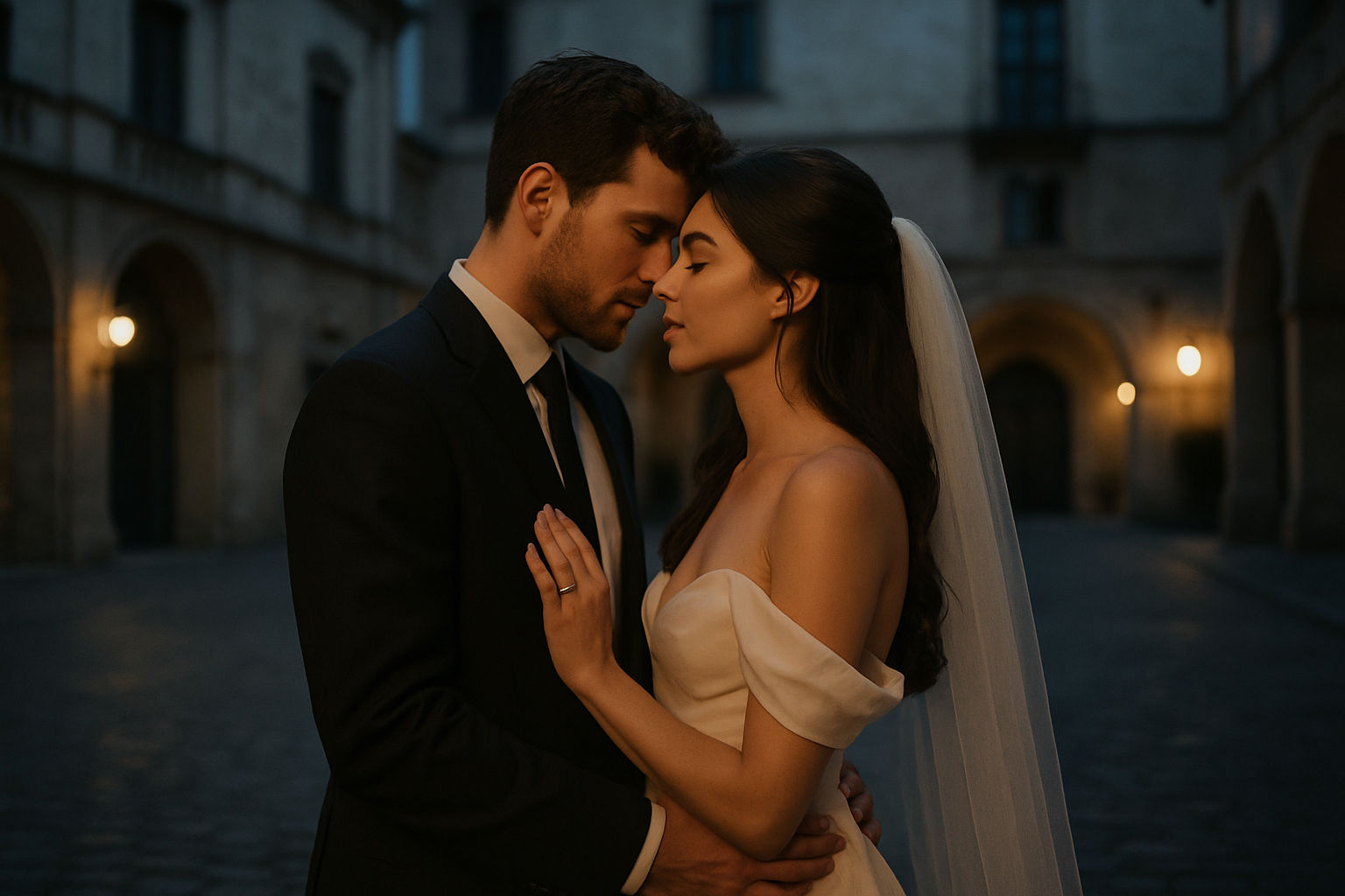 Bride and groom embracing under evening light in a historic Kyiv courtyard