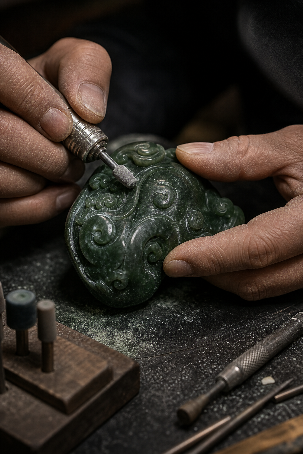 Close-up of artisan hands refining a green jade piece on a polished workshop bench