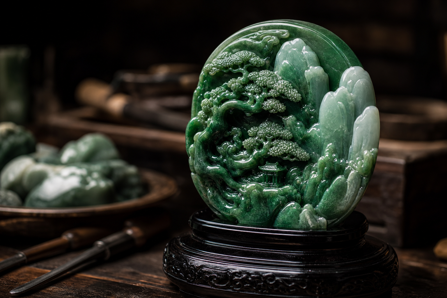 Close-up of a premium finished jade piece with precise carved detailing and polished surface
