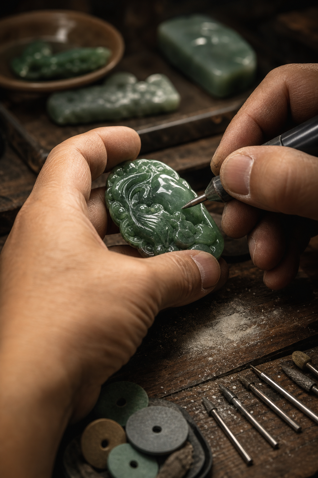 Close-up of artisan hands shaping a green jade piece at a wooden workbench with carving tools and fine stone dust