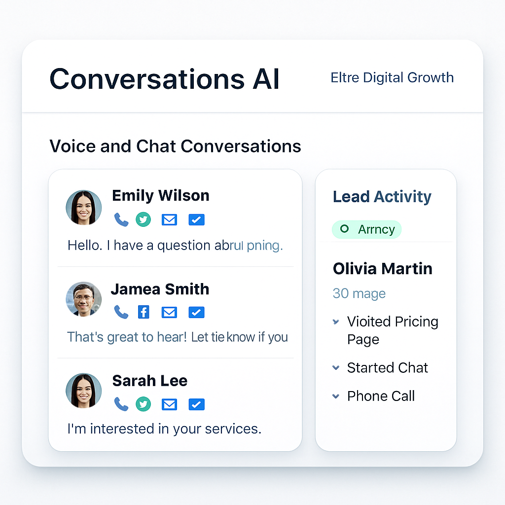 Modern SaaS dashboard showing AI voice and chat conversations, channel icons, and lead activity
