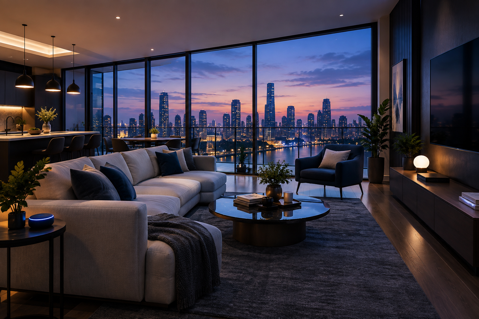 Premium urban rental home interior with city view and a modern trusted digital booking atmosphere