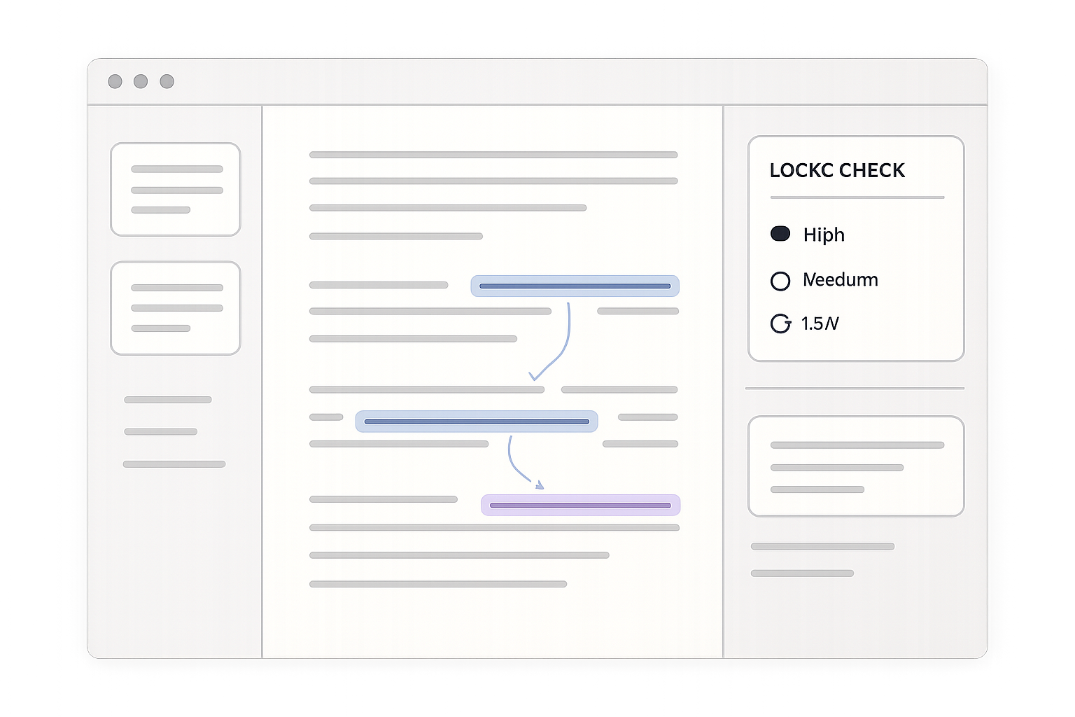 Refined legal document review interface with structured annotations, logic checks, and highlighted reasoning pathways in a calm premium software layout