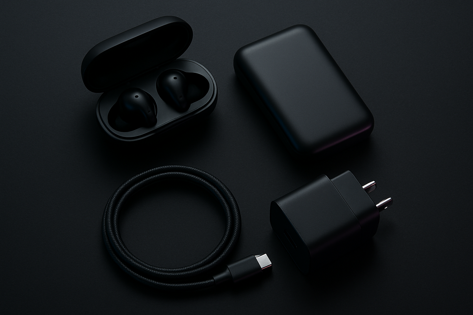 Conjunto de accesorios tecnológicos modernos como auriculares inalámbricos, power bank y cargador rápido sobre una superficie oscura elegante
