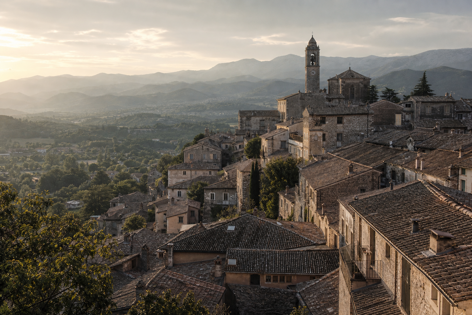 Wide view over Arpino with layered stone rooftops and surrounding Lazio hills under soft evening light