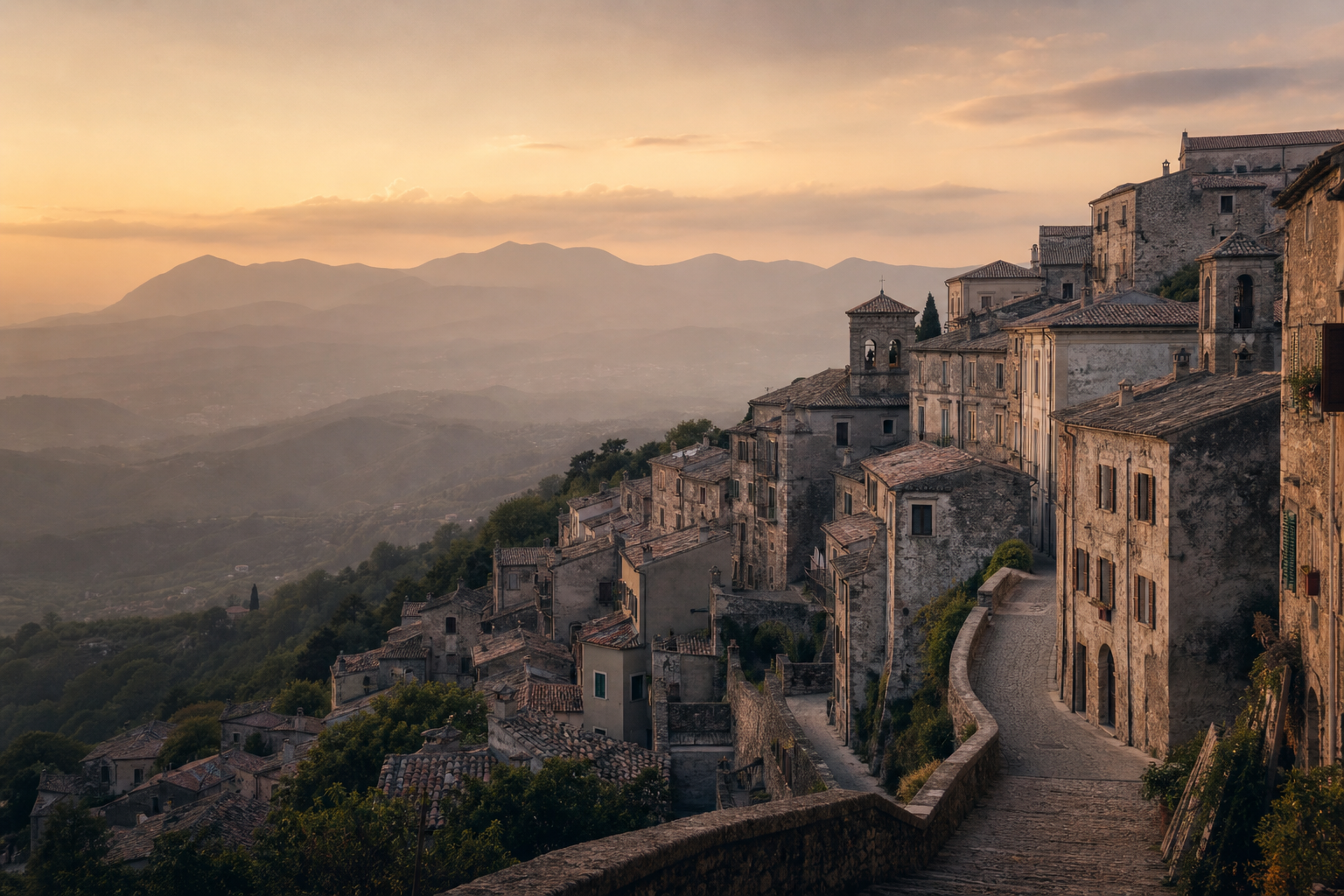 Atmospheric wide view of Arpino, Italy with layered stone houses on a hillside, narrow streets, warm evening haze, and distant mountains under soft light