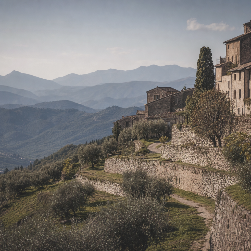 Hillside terraces outside Arpino with olive trees and distant mountain contours