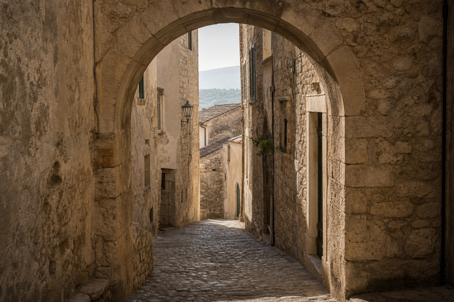 Warm-toned stone archway and narrow lane in Arpino with aged masonry and soft evening light