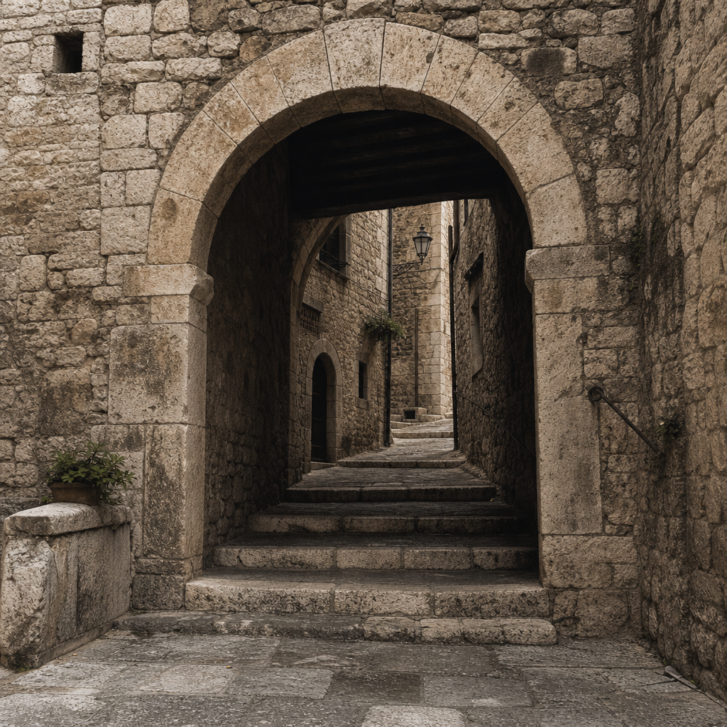 Medieval stone archway in Arpino with worn steps and textured masonry detail
