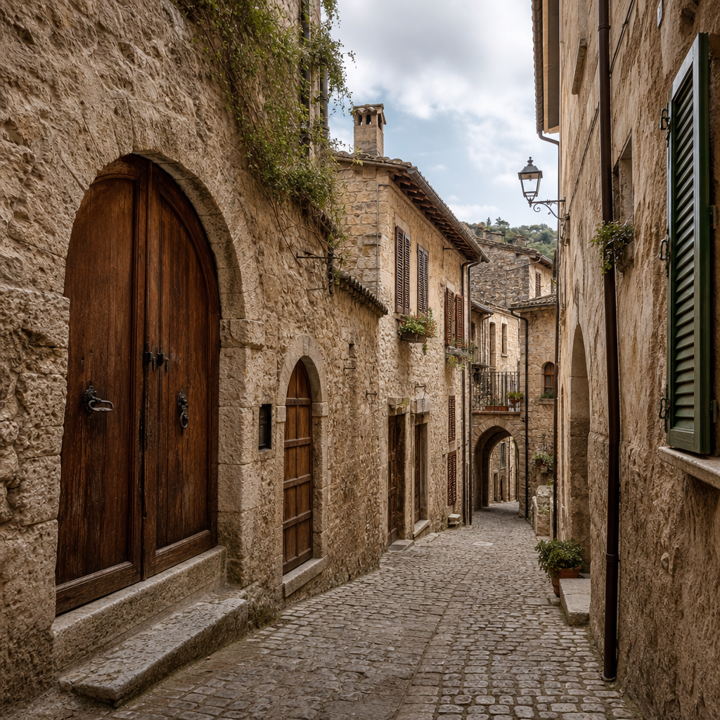 Narrow cobblestone street in Arpino lined with warm stone walls and shuttered doorways