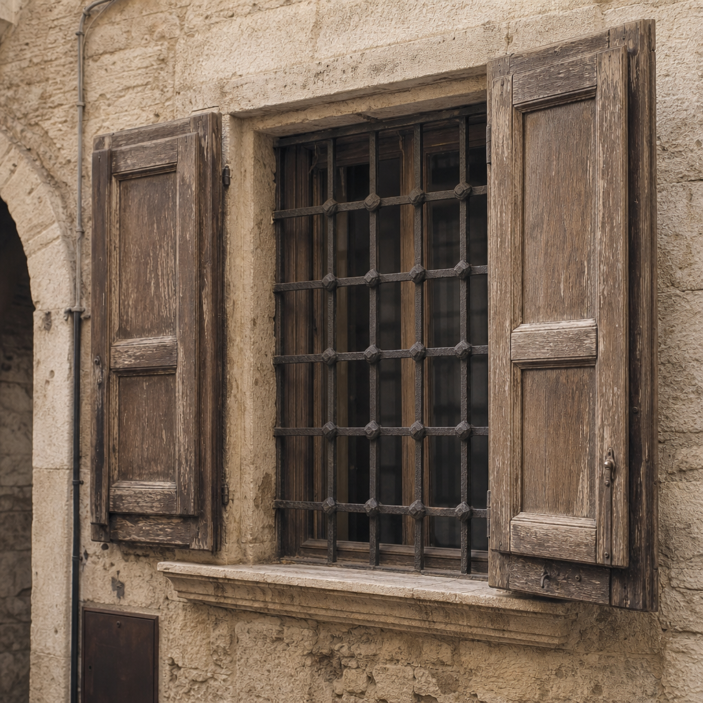 Close view of an aged wooden window with ironwork set into pale historic stone in Arpino