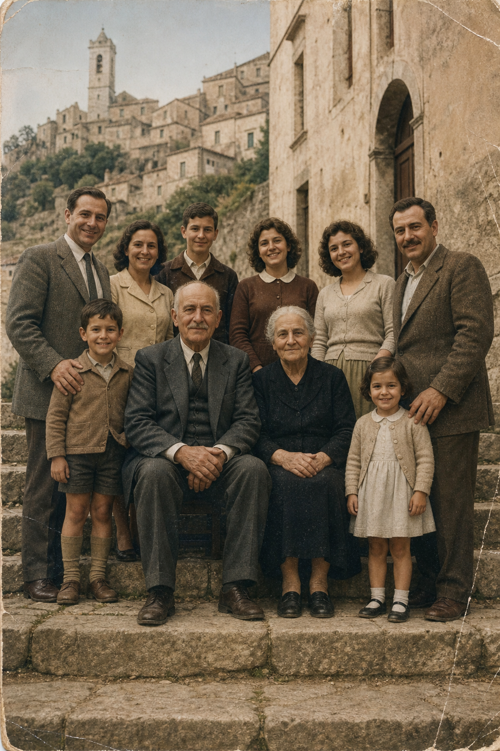 A carefully preserved family portrait with three generations gathered on stone steps in Arpino, Italy