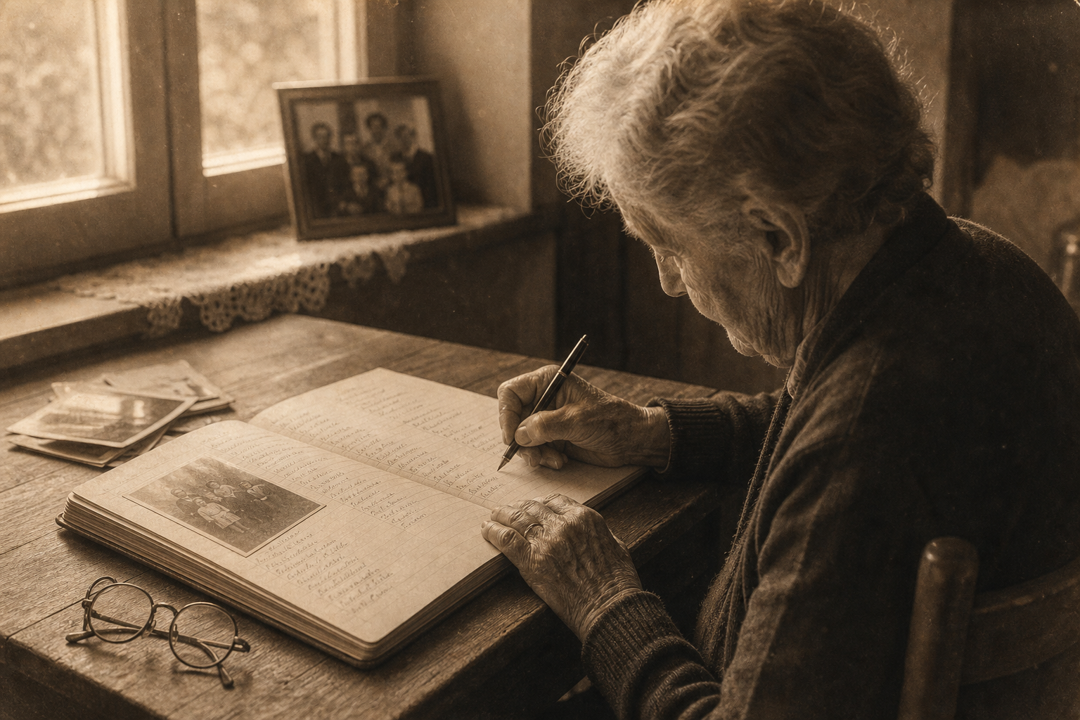 Sepia-toned snapshot of an elder relative writing names into a family record book near a window