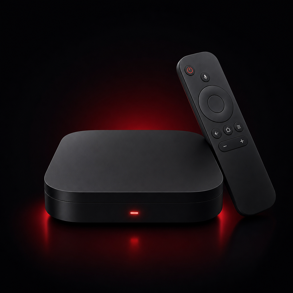 Sleek Android TV device icon with dark casing and red status light