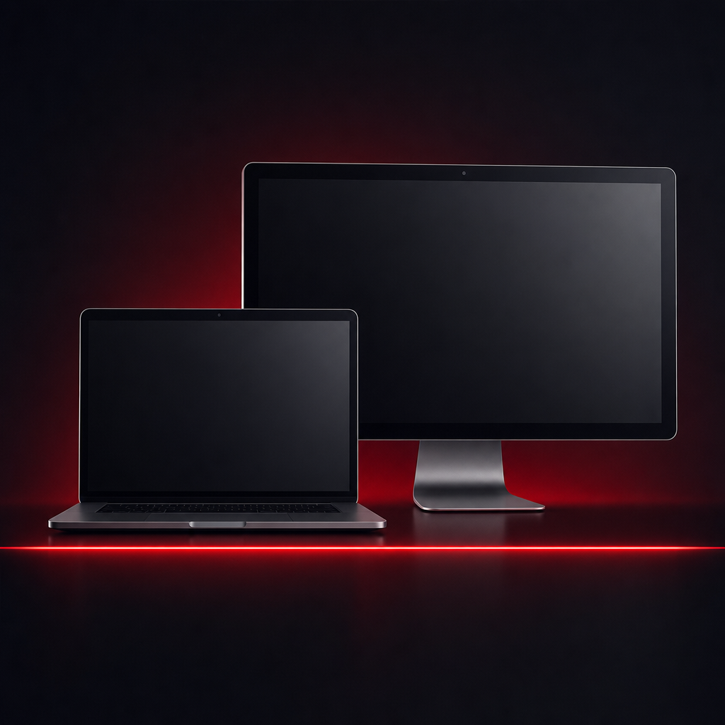 Laptop and desktop monitor icon with glowing red underline