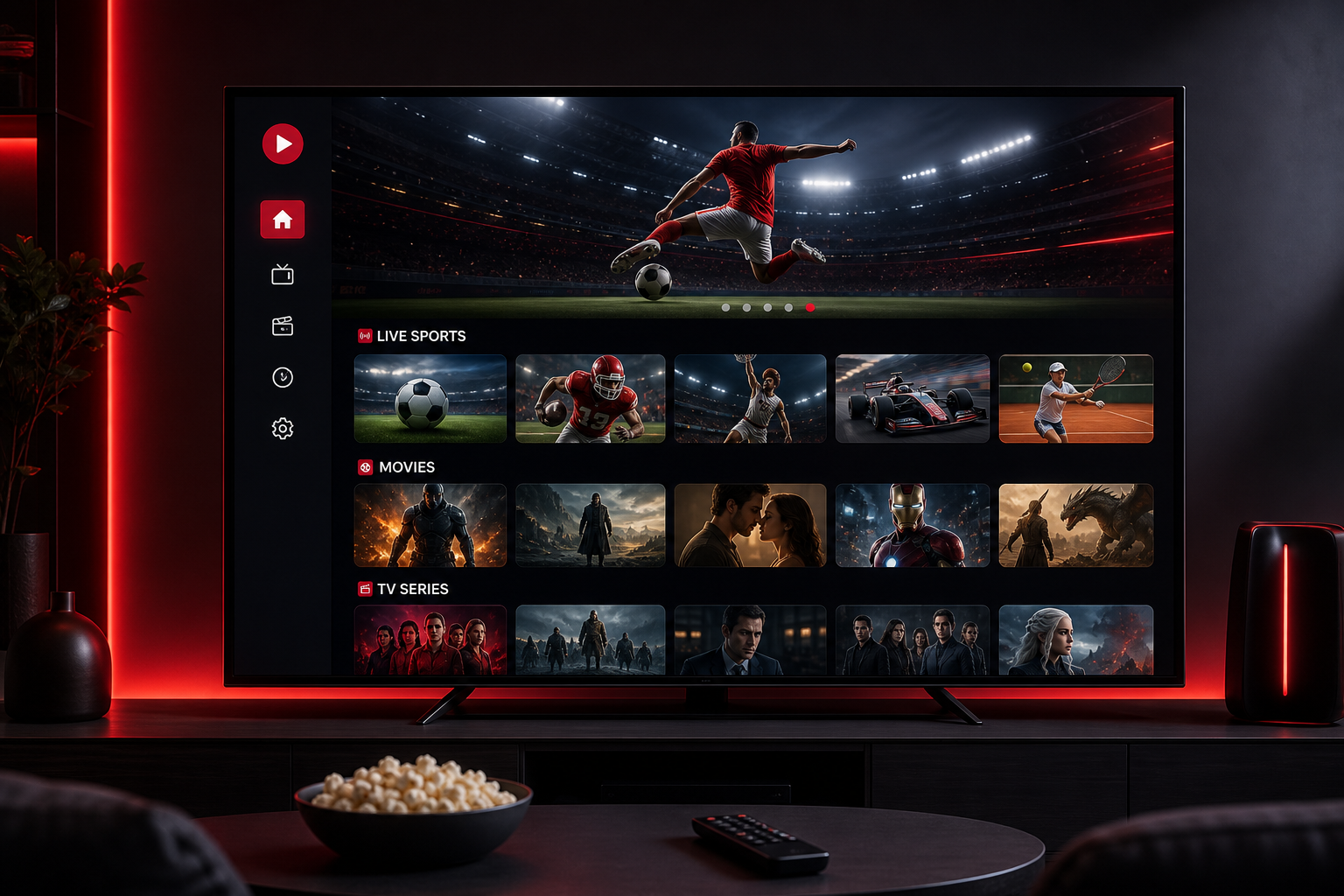 Premium streaming dashboard shown on a smart TV with sports and movie highlights