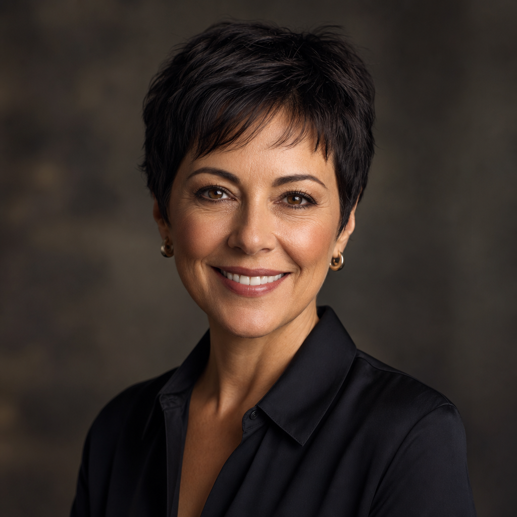 Portrait of a middle-aged woman with short dark hair, warm smile, and soft lighting