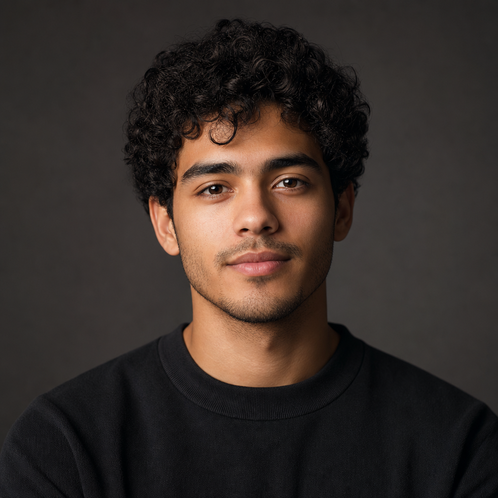 Portrait of a young man with curly hair and a calm expression in neutral studio light