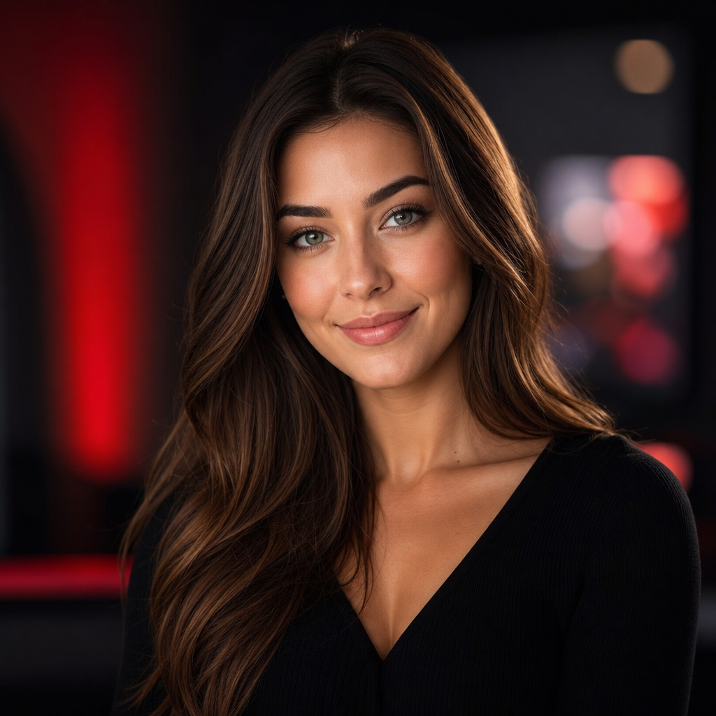 Portrait of a woman with long brown hair, bright eyes, and soft studio lighting