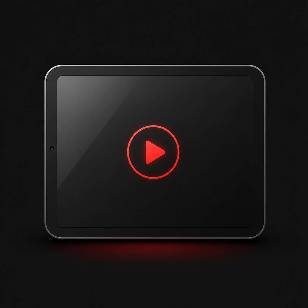 Rounded tablet icon with dark screen and red play indicator