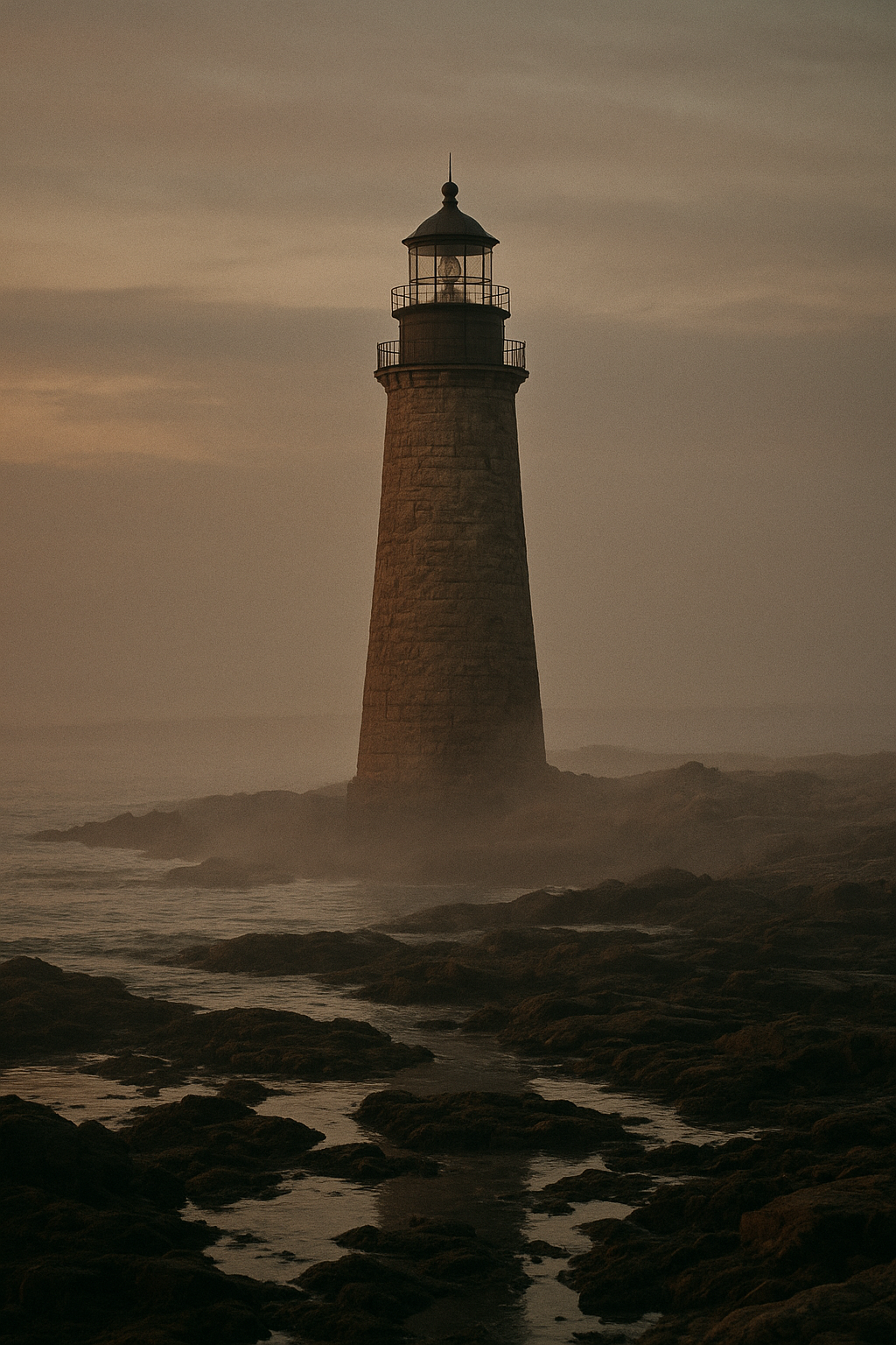 Weathered stone lighthouse on a rugged northern shoreline at dusk with gentle sea mist