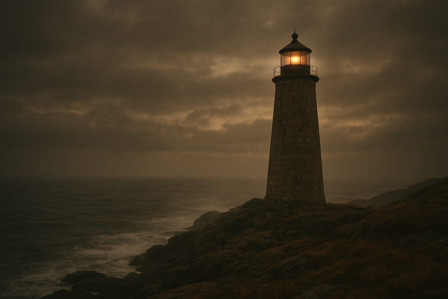 Warm film-style photograph of a tall stone lighthouse on a rugged northern coast at dusk, with rolling sea mist, dark water, and a faint golden beacon under a cloudy sky