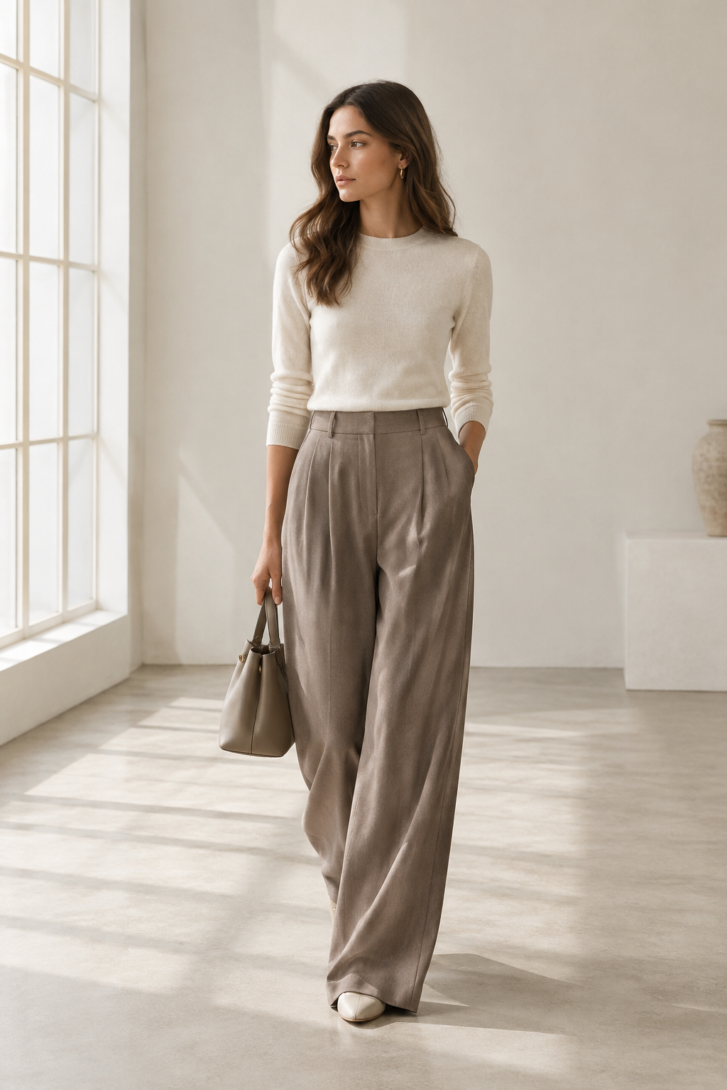 Woman in a cream knit top and wide-leg taupe trousers walking through a bright minimal studio