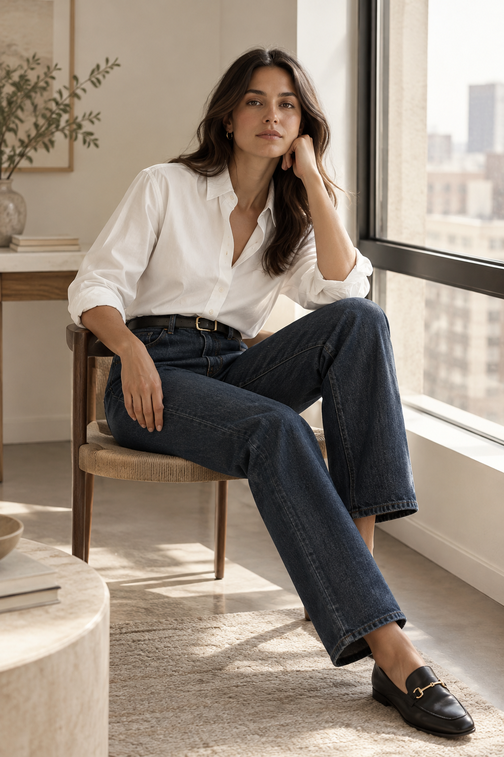 Woman in a crisp white shirt with indigo straight-leg denim seated near a sunlit window