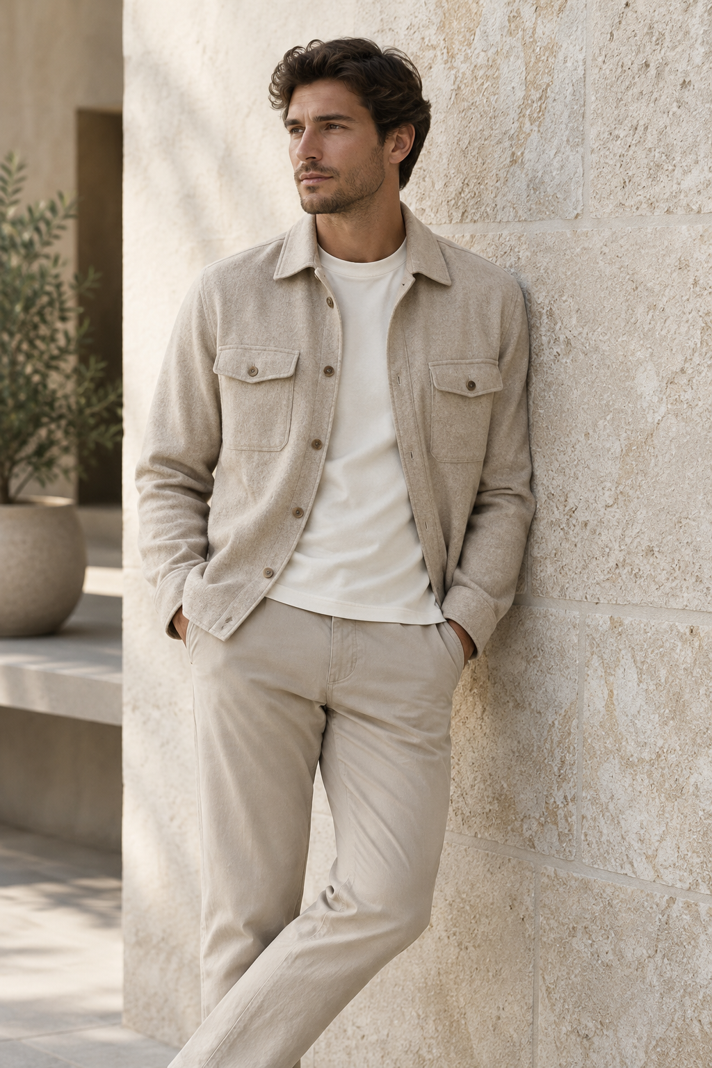 Man in an oatmeal overshirt and white tee leaning against a textured stone wall