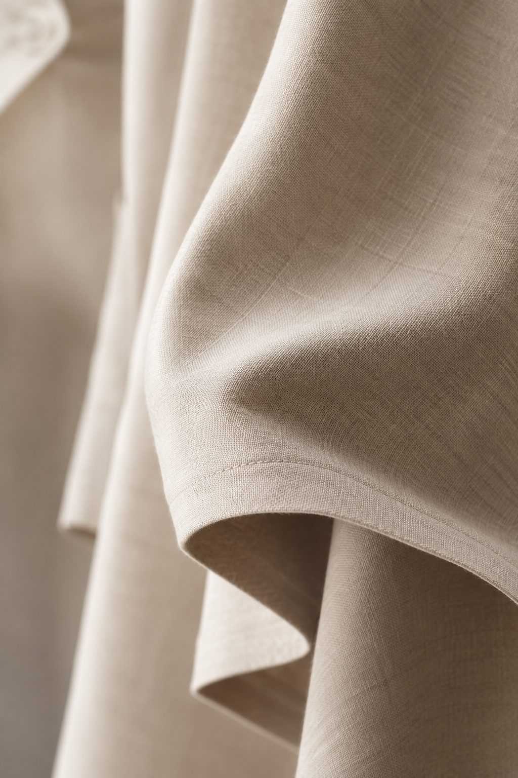 Close-up editorial fabric detail in soft neutral tones, showing fine weave texture and gentle drape