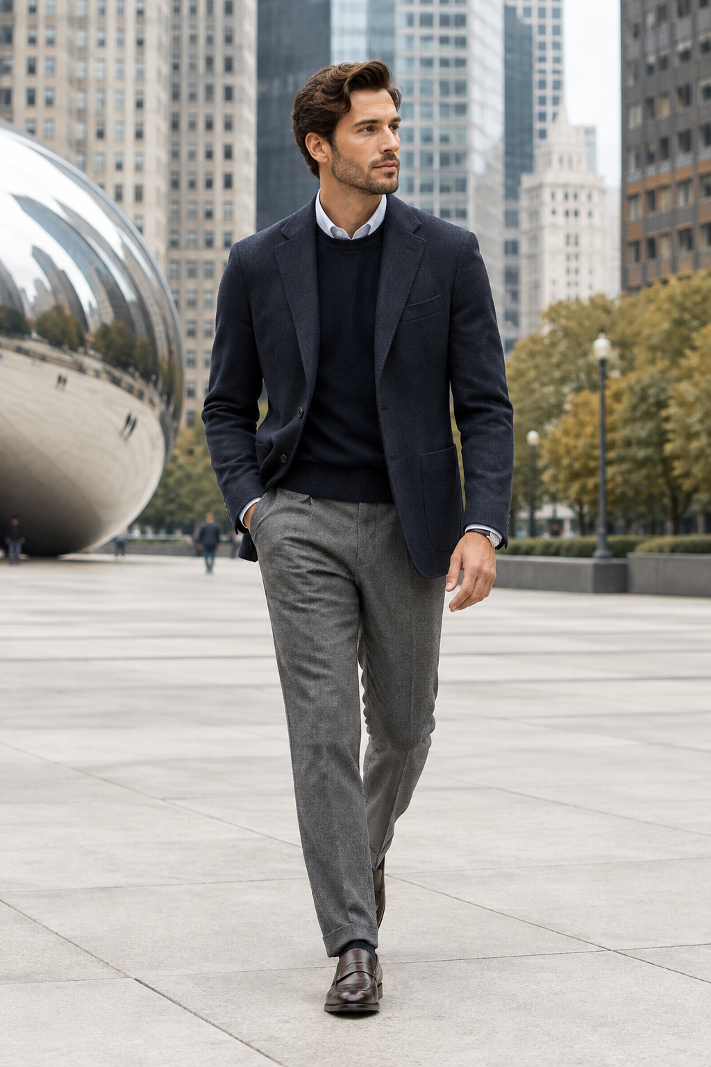 Man in a navy structured jacket and wool trousers crossing a Chicago plaza on an overcast day