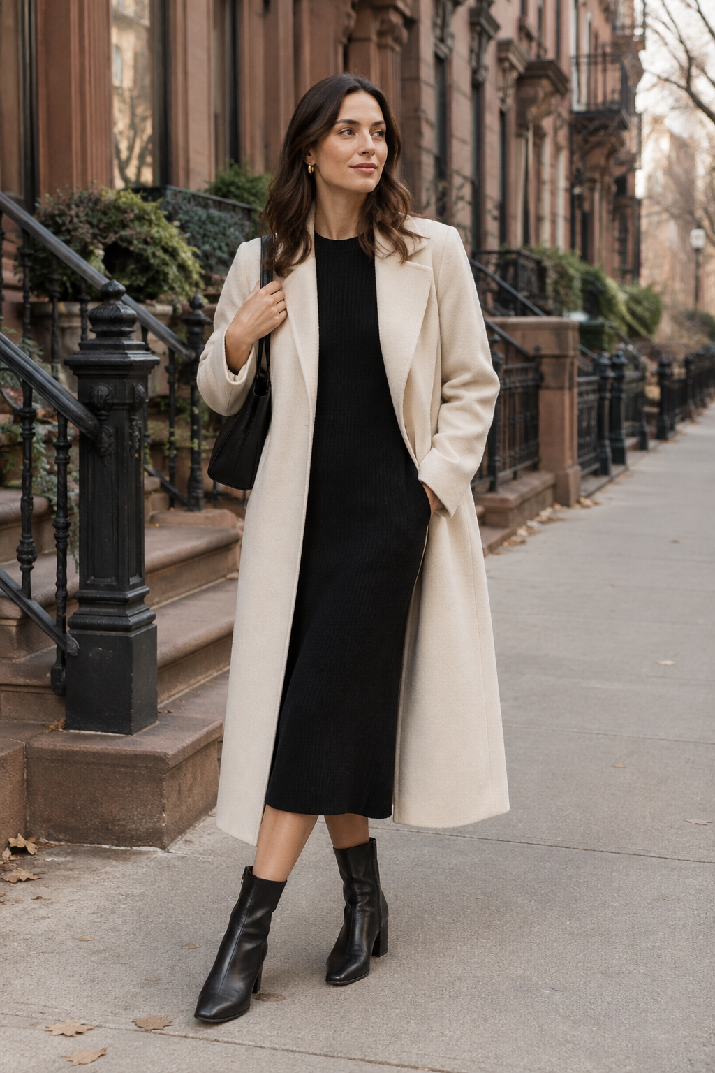 Woman in a cream wool coat layered over a black knit dress and leather boots on a Brooklyn side street