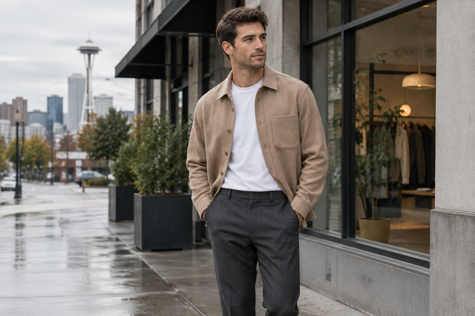 Man in charcoal trousers, white tee, and a camel overshirt standing near a modern storefront in Seattle