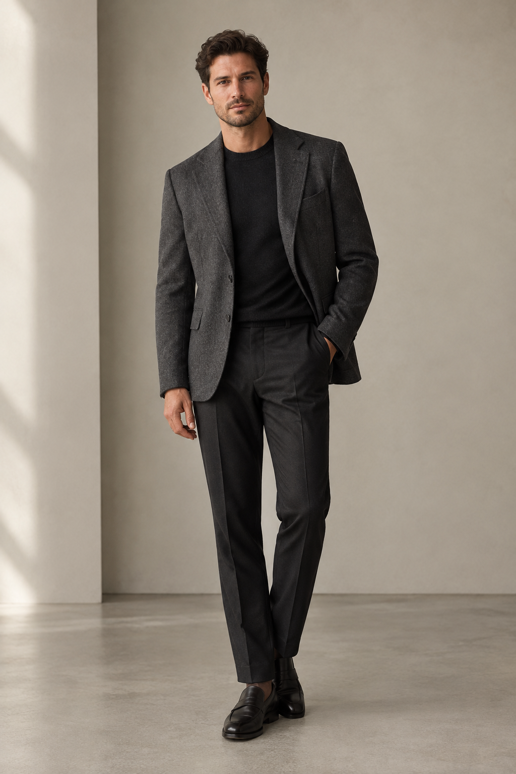 Stylish man in a structured jacket and tailored trousers against a clean backdrop