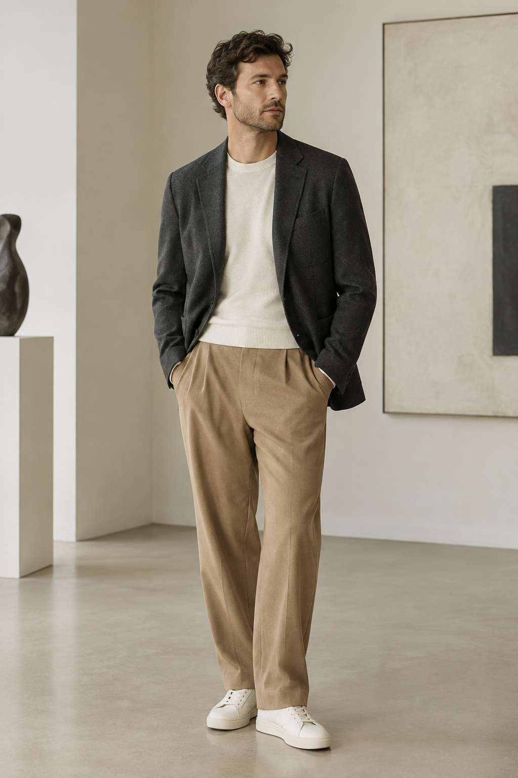 Man in a charcoal blazer and relaxed camel trousers standing in a modern gallery interior
