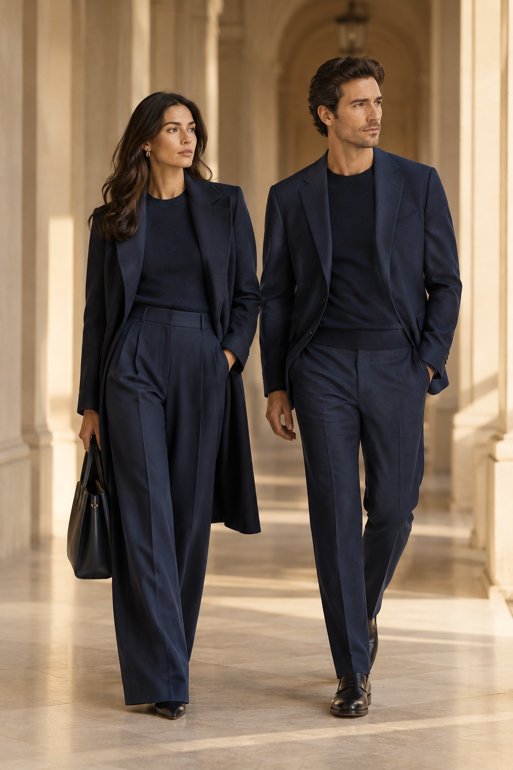 Pair of models in monochrome navy separates walking through an elegant corridor with warm light