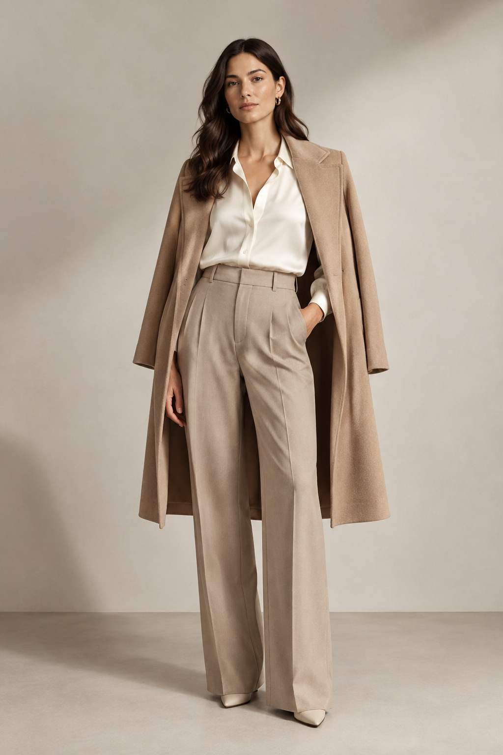 Elegant woman wearing a tailored neutral-toned outfit in a minimalist studio