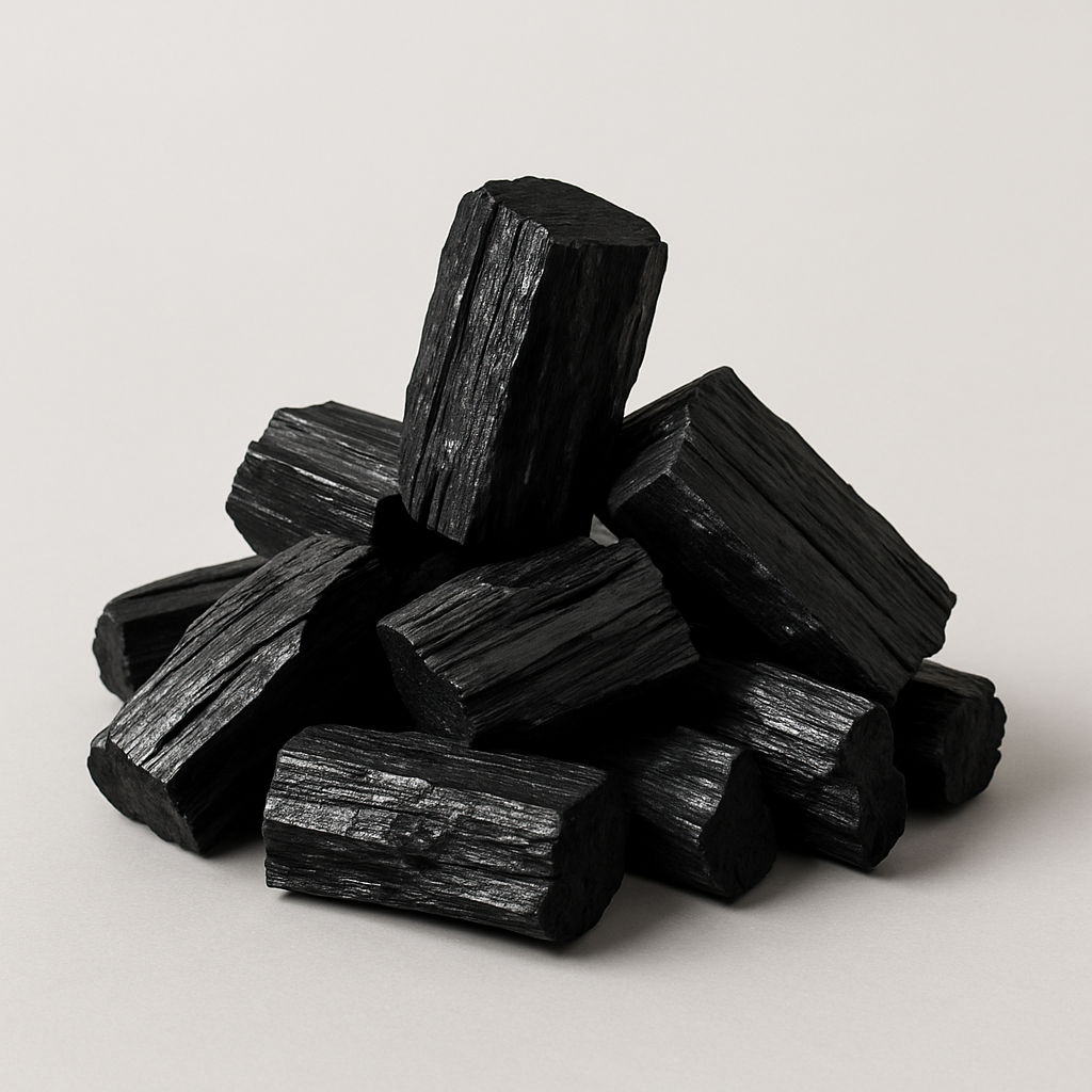 Premium hardwood charcoal — deep black, glossy, uniform pieces, low ash, high carbon content, clean and dust-free, suitable for export