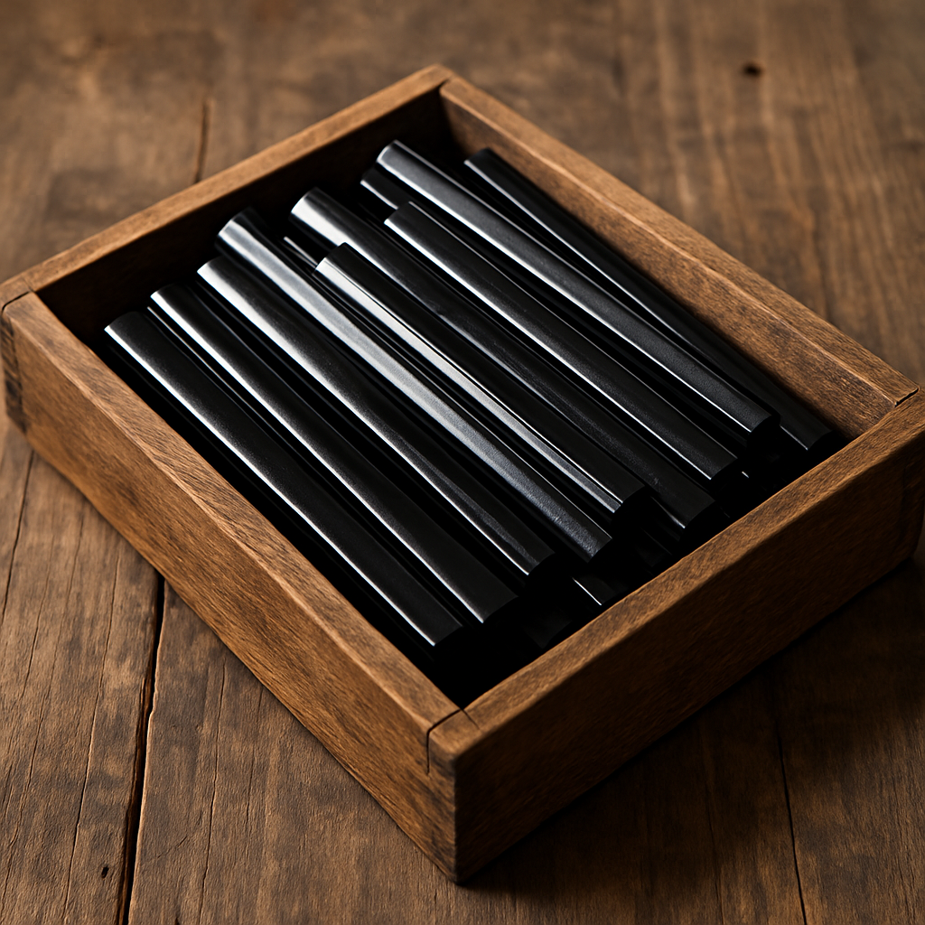 Premium, eco-friendly charcoal: glossy black, uniform pieces displayed in a rustic wooden tray, evoking natural production and high quality