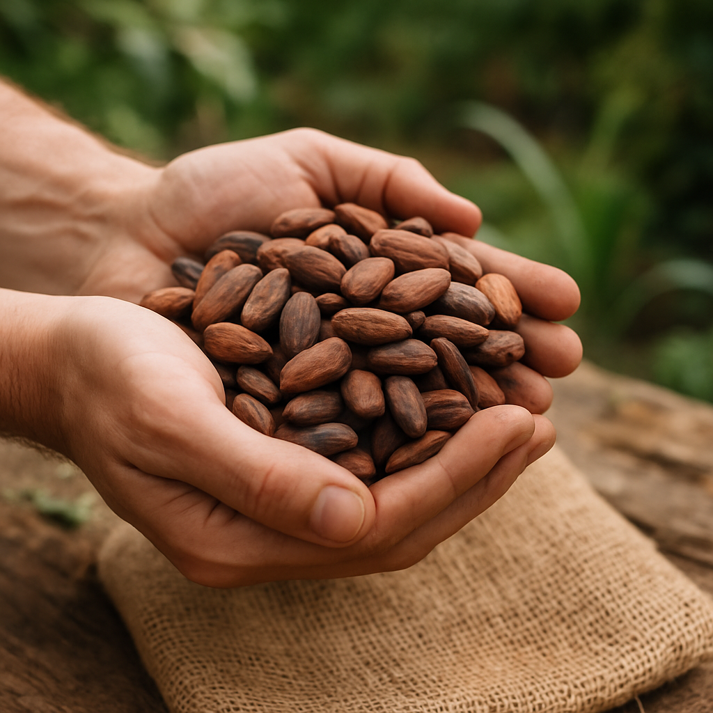 Hands holding cocoa beans, highlighting organic and fair trade sourcing