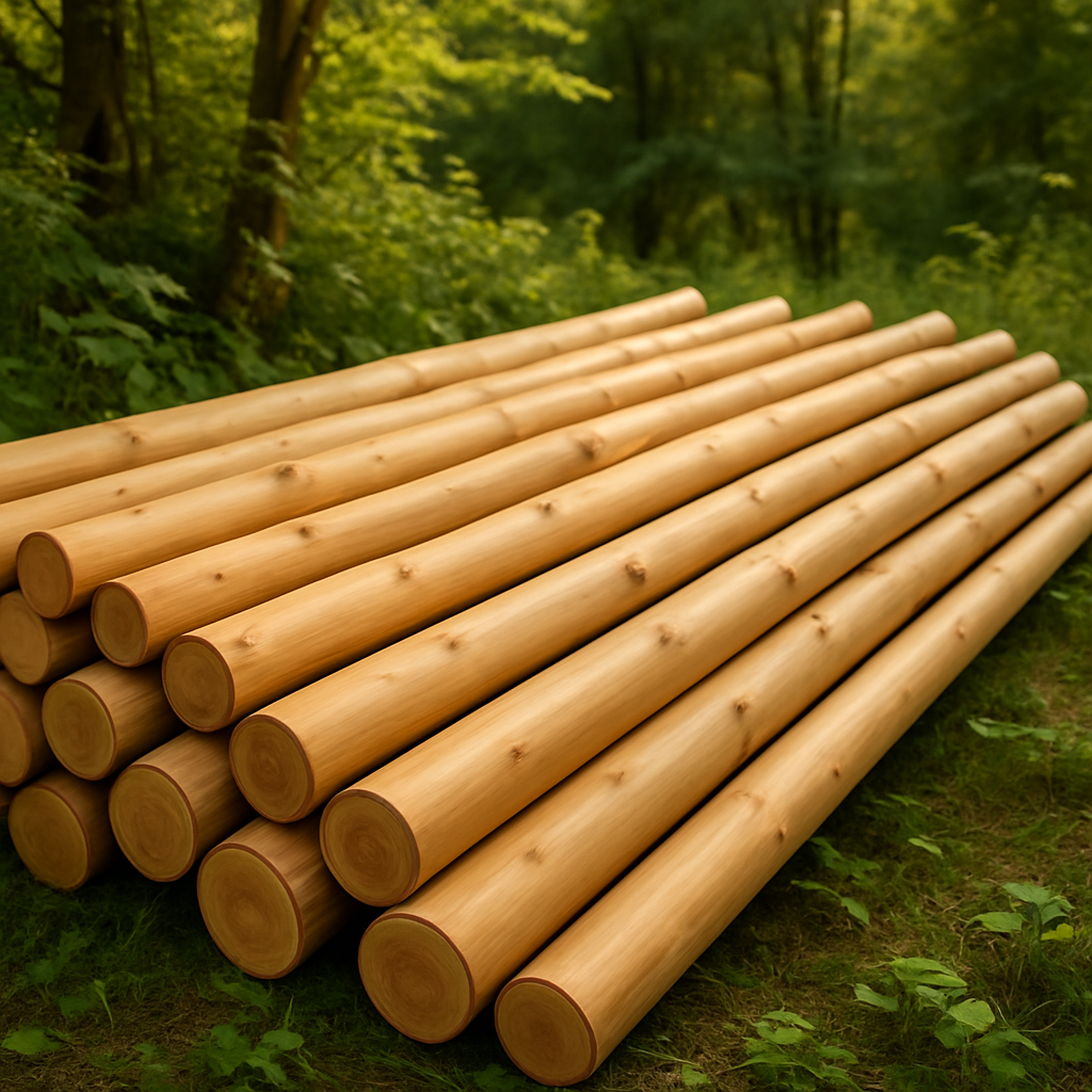 Premium FAS-grade wood branches: smooth, uniform, minimal knots, arranged in a natural forest setting to emphasize quality and sustainability