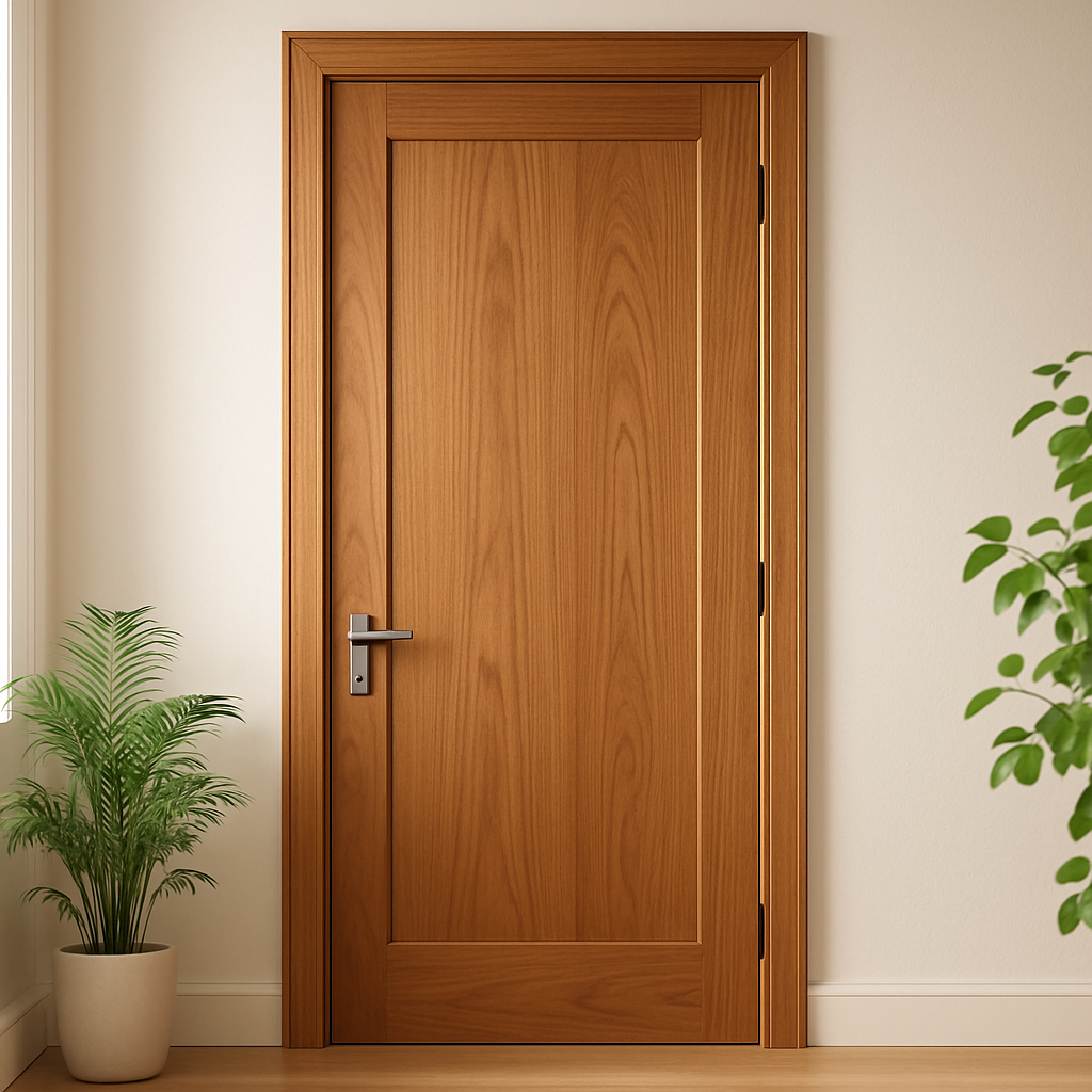 Premium FAS-grade wood door, smooth, rich grain, minimal knots, set in a bright natural interior
