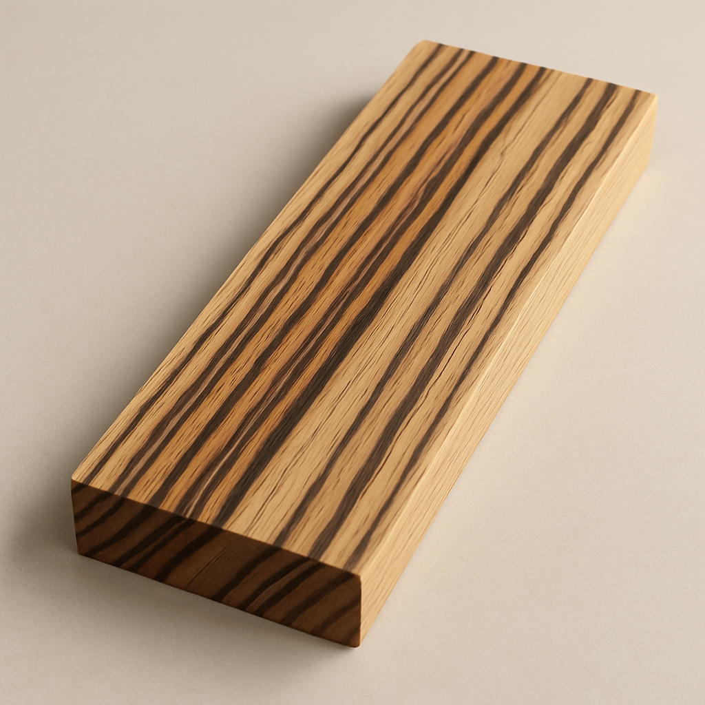 Zebrano — real FAS exotic plank, creamy base, bold dark streaks, smooth, fresh-cut, authentic African look, clean grain, minimal flaws