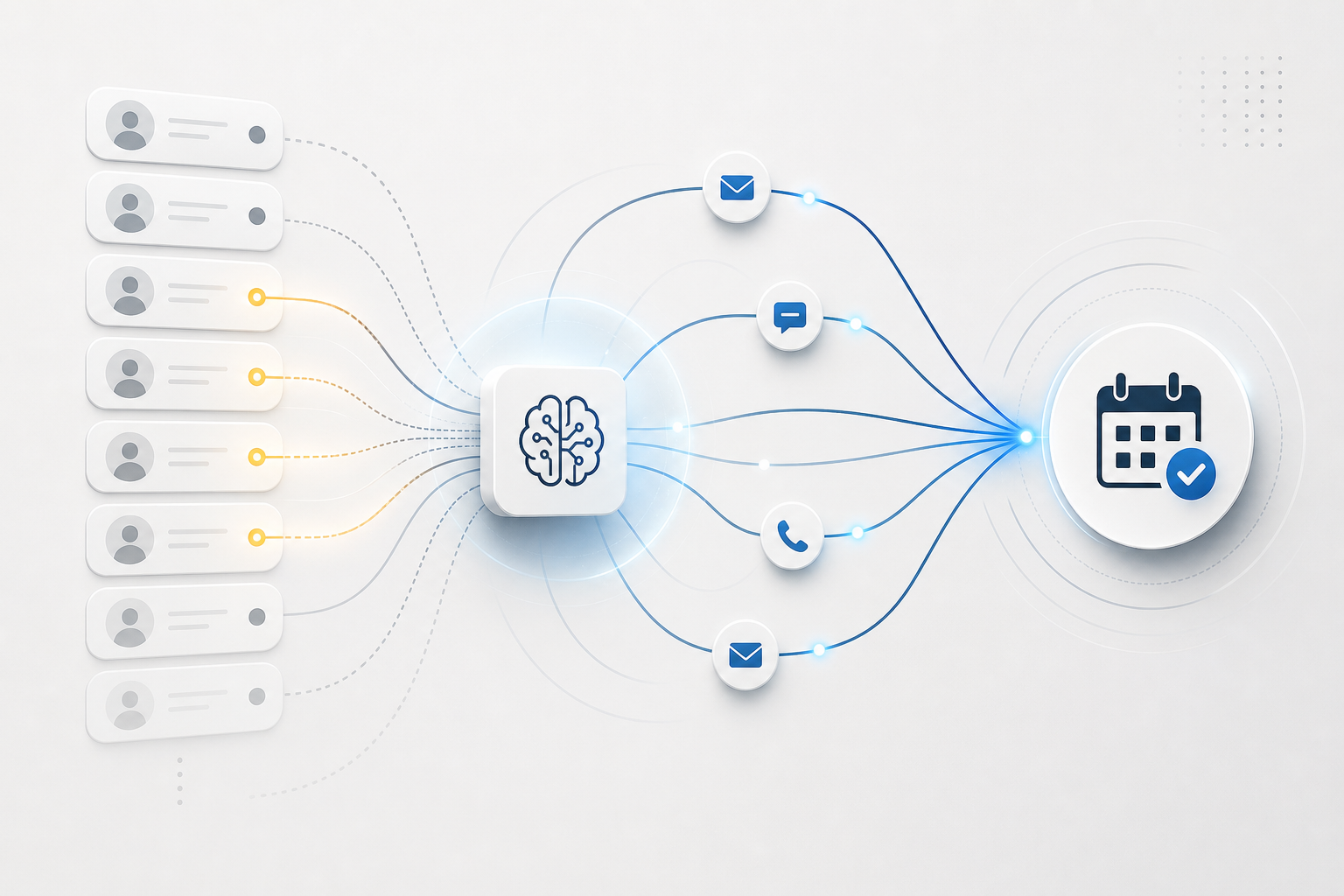 Abstract premium business-tech illustration with structured data-flow lines, message paths, and calendar booking signals representing AI CRM lead reactivation