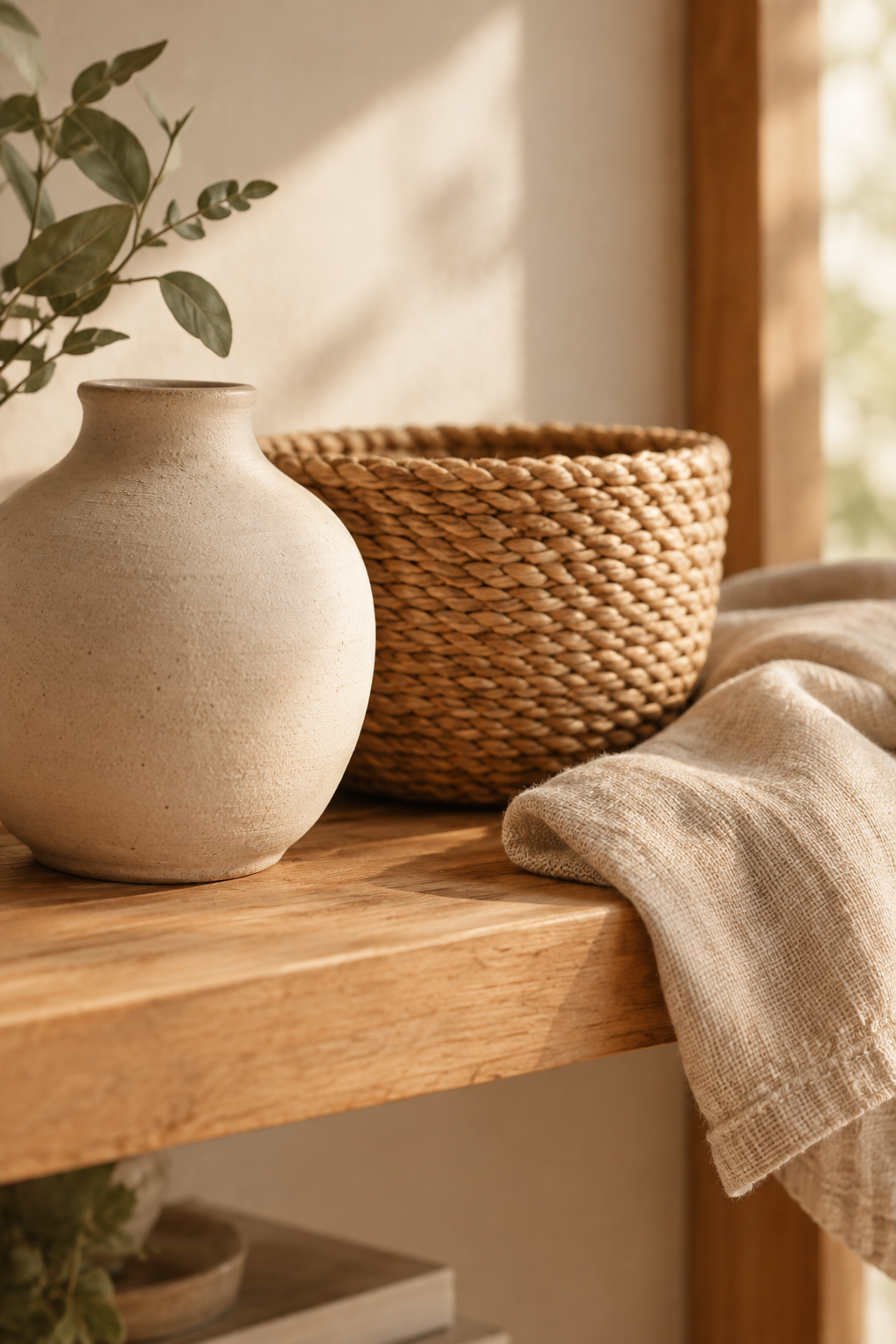 Close-up lifestyle detail of handmade ceramic and woven linen textures on a warm wooden shelf