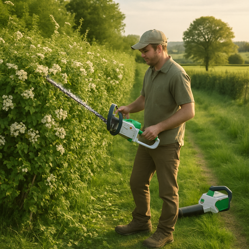 Hedge trimming and maintenance in a Berkshire countryside property, flowering native hedges, clean eco-friendly equipment, fresh greenery, soft sunlight, natural and inviting style