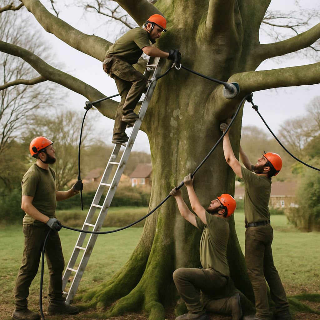 Team of arborists installing a preservation support for an old beech tree in Berkshire, natural setting, community in background, eco-friendly uniforms, natural light, earthy color palette, authentic photo style